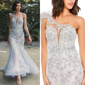 MAC DUGGAL 79264 EMBROIDERED FEATHERED ONE SHOULDER CRYSTAL BLUE GOWN 10NEW $998
